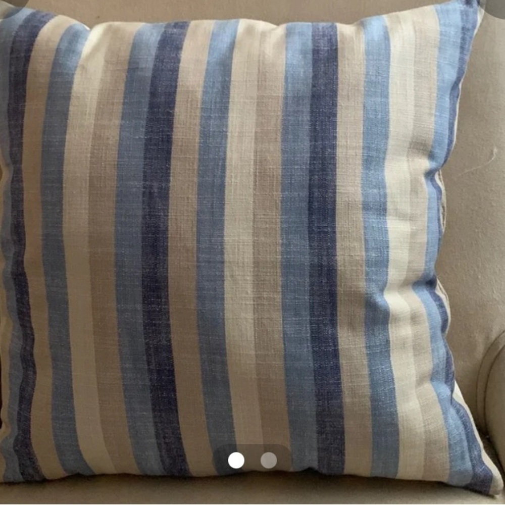 Blue and Cream Accent Pillow with Striped Pattern and Textured Fabric